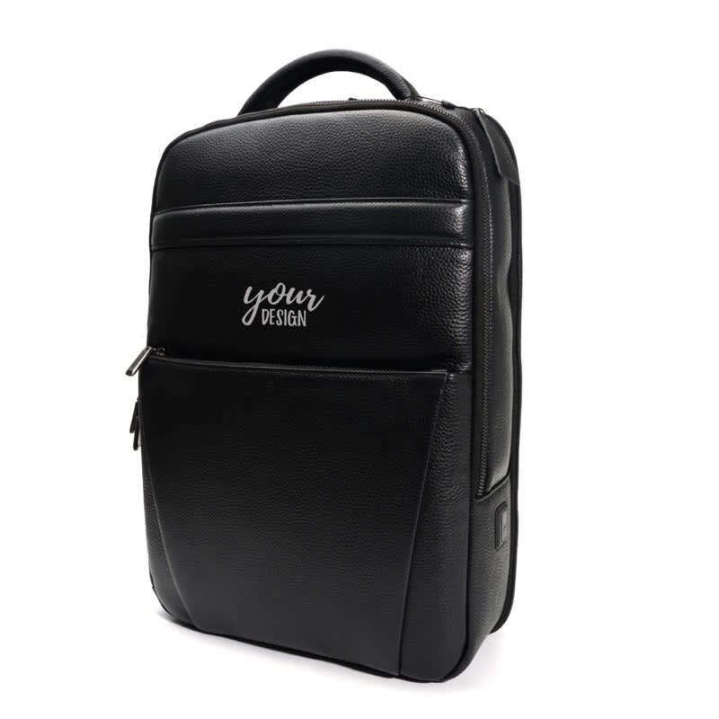 A black genuine leather laptop backpack featuring a front zip pocket and a logo. Genuine Leather Laptop Backpack - Image 1