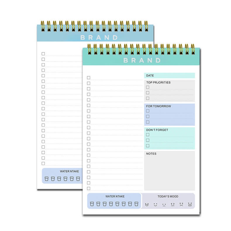 A coil-bound notebook in pastel blue and white with sections for tasks, notes, and daily priorities. It features a logo. Coil To-Do List Notebook - Image 1