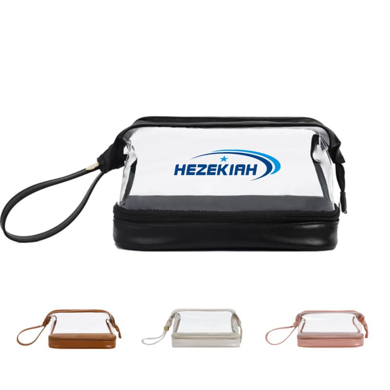 A transparent double-layer cosmetic toiletry bag in black, with a logo, available in brown, white, and pink options. Double-layer Cosmetic Transparent Toiletry Bag - Image 1