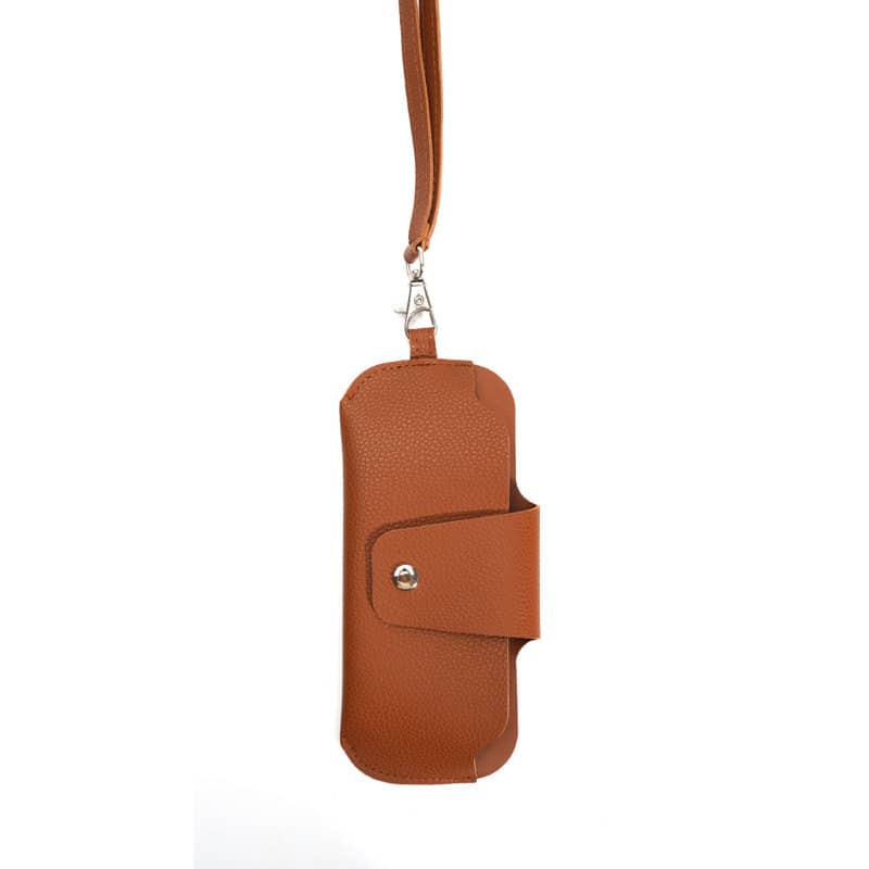 A portable glasses pouch with strap in a brown textured finish, featuring a secure closure and a detachable strap. Portable Glasses Pouch With Strap - Image 1