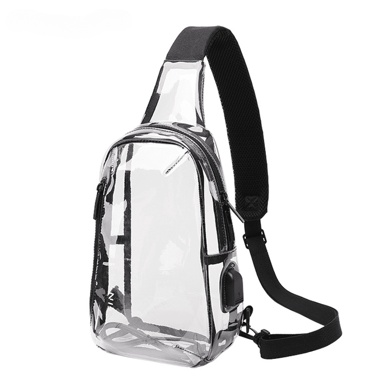 A transparent sling bag featuring black straps and a zippered compartment, with a logo on the front. Transparent Sling Bag - Image 1