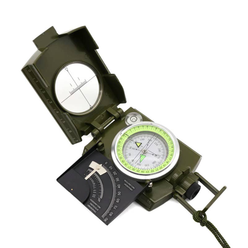 A multifunctional camping compass in olive green with a reflective mirror and adjustable sighting system. Multifunctional Camping Compass - Image 1