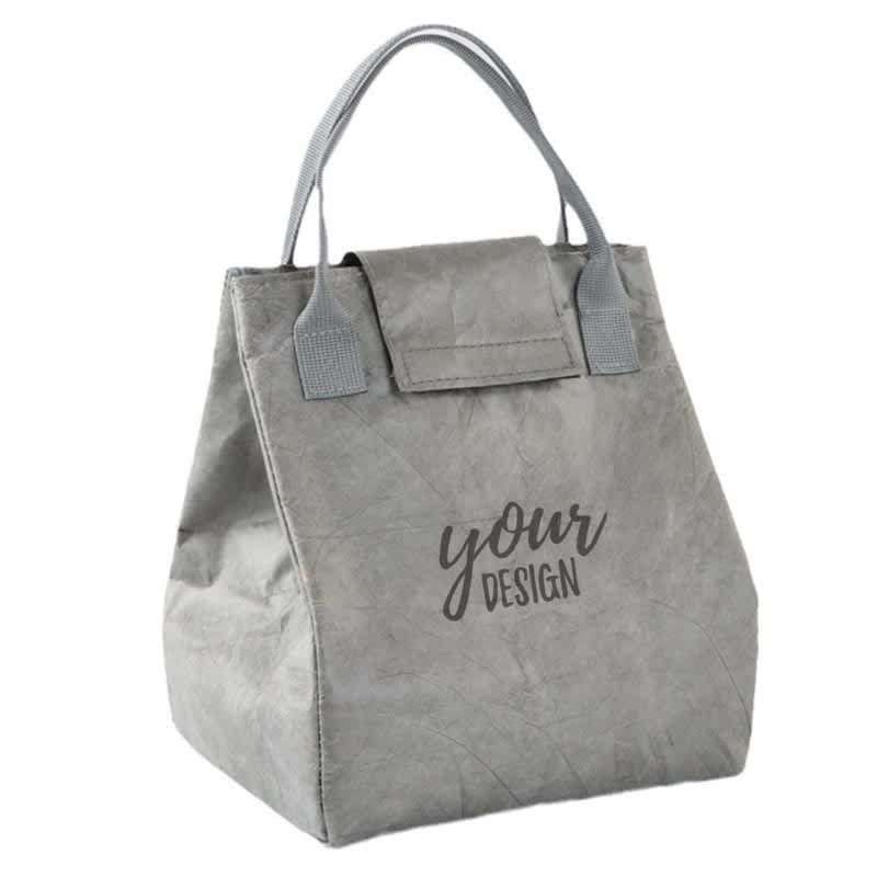 A grey insulated lunch bag with handles and a design area. It features a logo but no specific branding visible. DuPont Paper Insulated Lunch Bag - Image 1