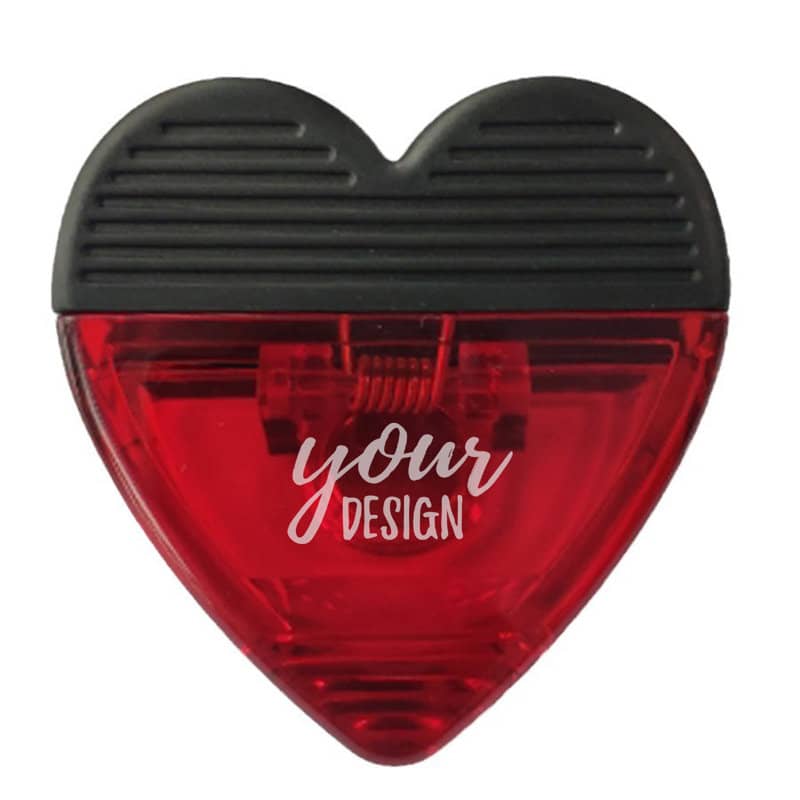 A heart-shaped red magnetic memo clip with a black top and space for custom designs. Custom Magnetic Memo Clips - Image 1