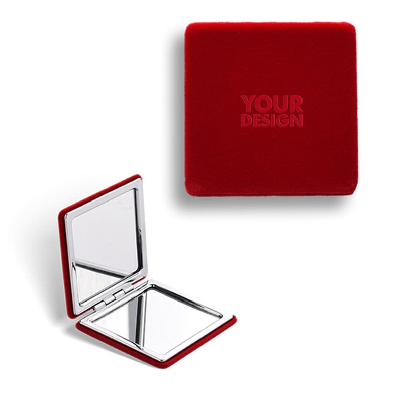 A red folding square pocket mirror with a smooth finish and a branding area on the exterior. Folding Square Pocket Mirror - Image 1