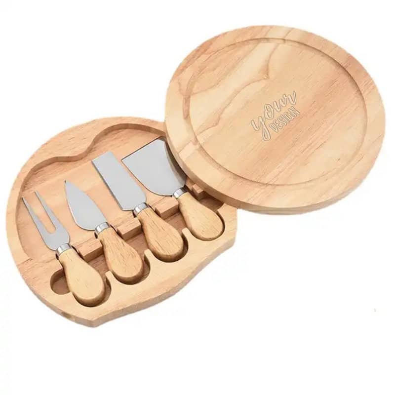 A personalised wood cheese board and knife set with four stainless steel knives and a wooden lid. Personalised Wood Cheese Board And Knife Set - Image 1