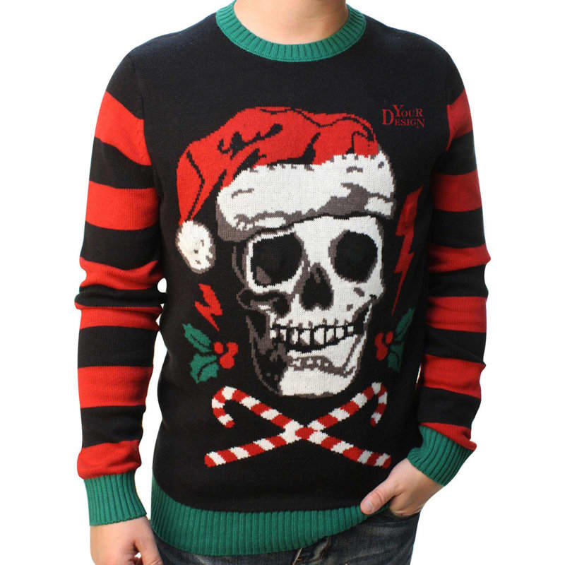 A black Christmas sweater featuring a skull wearing a Santa hat, with red and green stripes on the sleeves. Custom RPET Christmas Sweater - Image 1