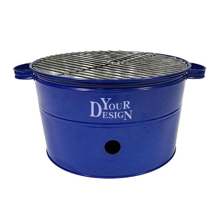 A blue portable barbecue bucket with a metal grill top and circular design. It features a branding area on the side. Portable Barbecue Bucket - Image 1