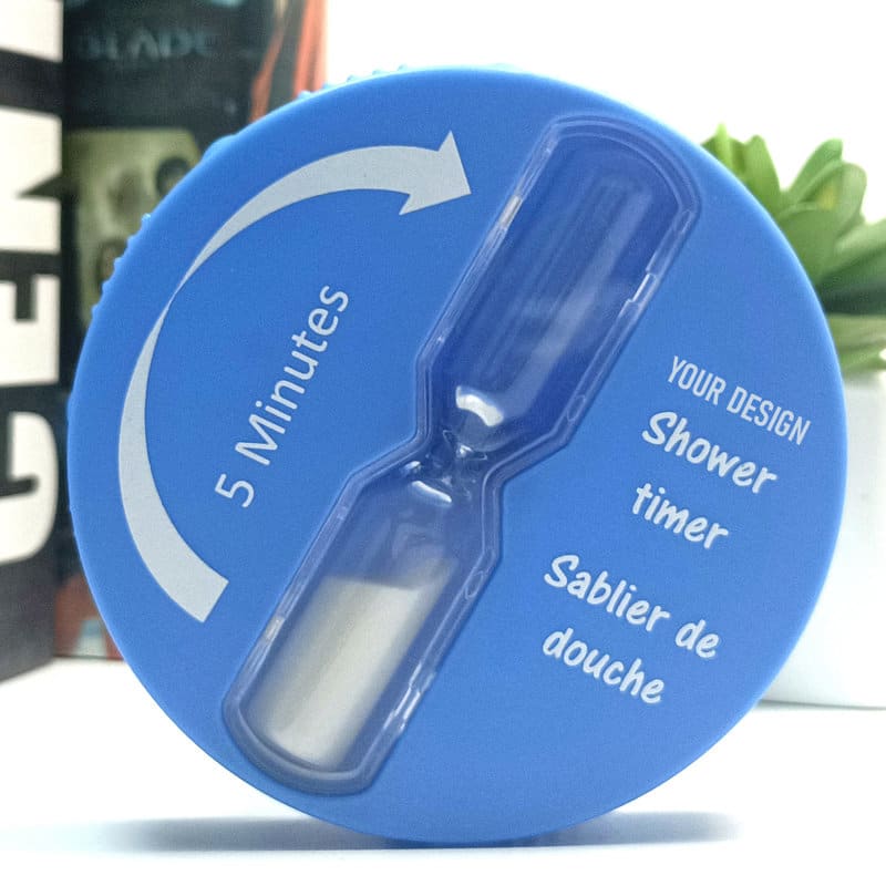 A blue hourglass shower timer with a suction cup, designed to measure five minutes. Features a space for custom design. Hourglass Shower Timer With Suction Cup - Image 1