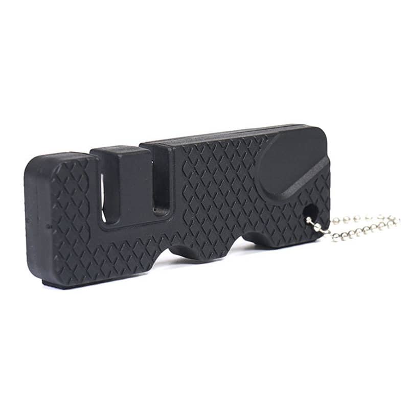 A black knife sharpener keychain with a textured surface, attached to a small metal chain. Knife Sharpener Keychain - Image 1