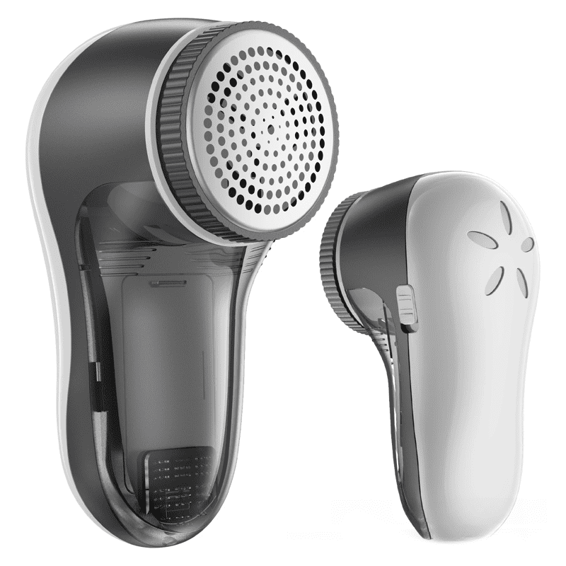 A portable lint remover in white and grey, featuring a rounded design with a mesh surface and an on/off switch. Portable Lint Remover - Image 1