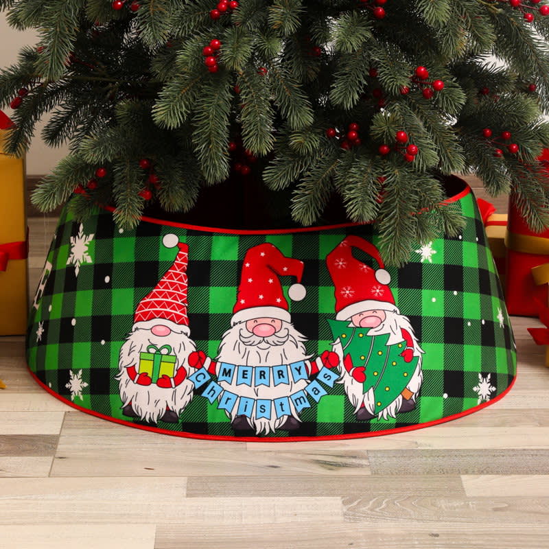 A festive Christmas tree skirt featuring three gnomes, with a green checkered pattern and red trim. Personalized Novelty Wine Bottle Sweater - Image 1