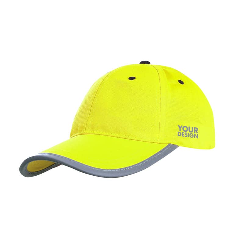 A high visibility reflective baseball cap in bright yellow with grey accents and a logo on the side. High Visibility Reflective Baseball Cap - Image 1
