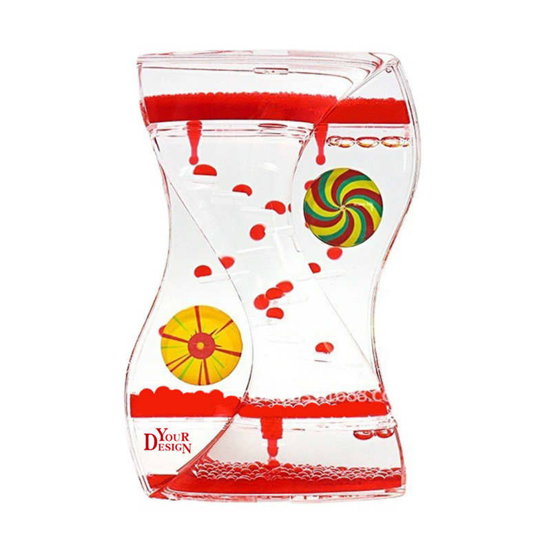 A liquid motion bubbler timer with red balls and colourful swirl designs, encased in a clear plastic body. Liquid Motion Bubbler Timer - Image 1