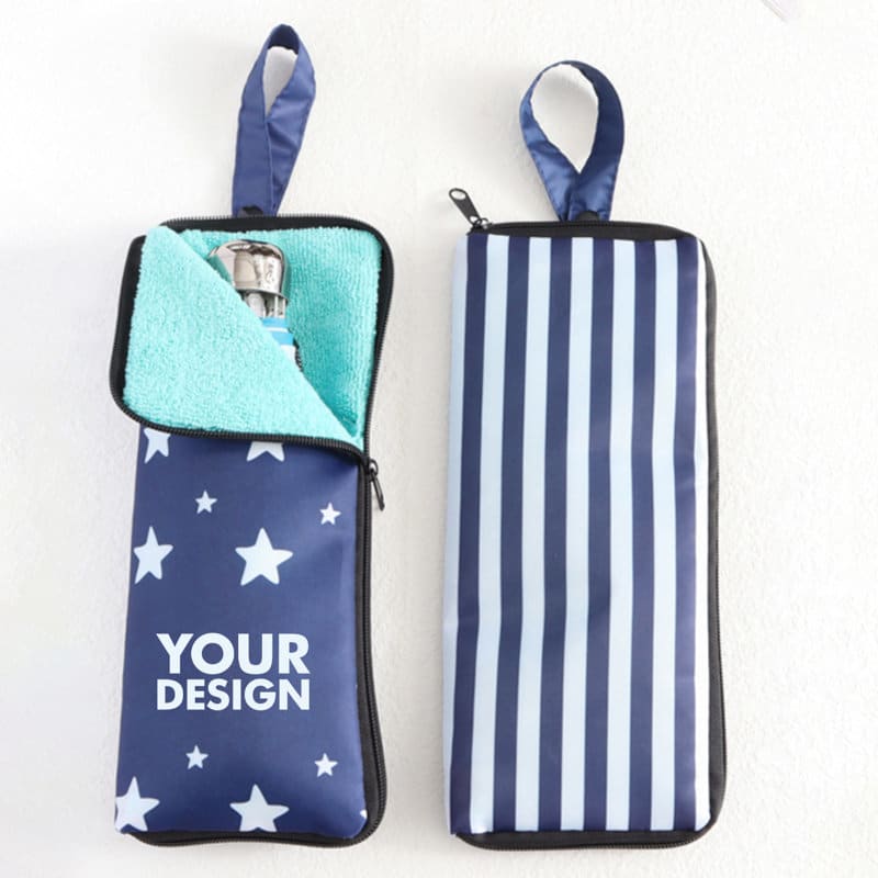 A folding umbrella pouch in navy blue with star patterns and a striped design, featuring a zipped opening and a soft inner lining. Folding Umbrella Waterproof Storage Pouch - Image 1